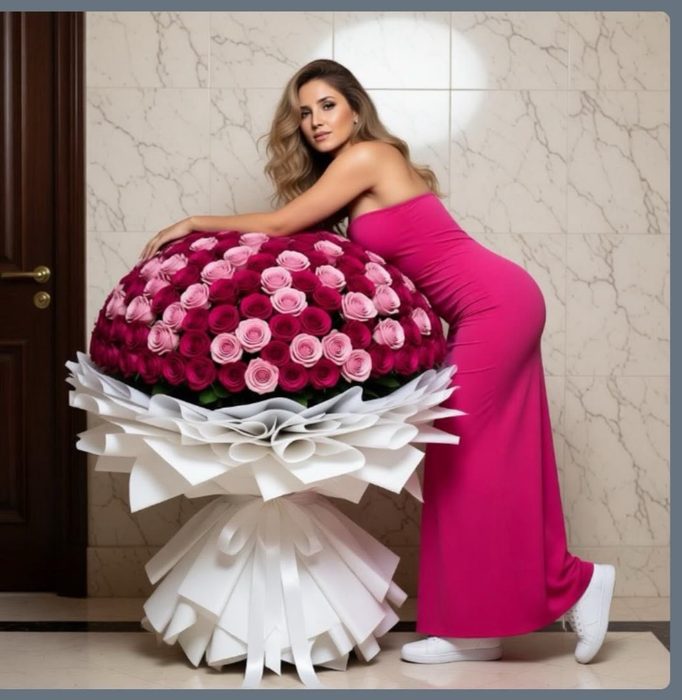 Başak Arslan pembe elbise ve gül buketiyle